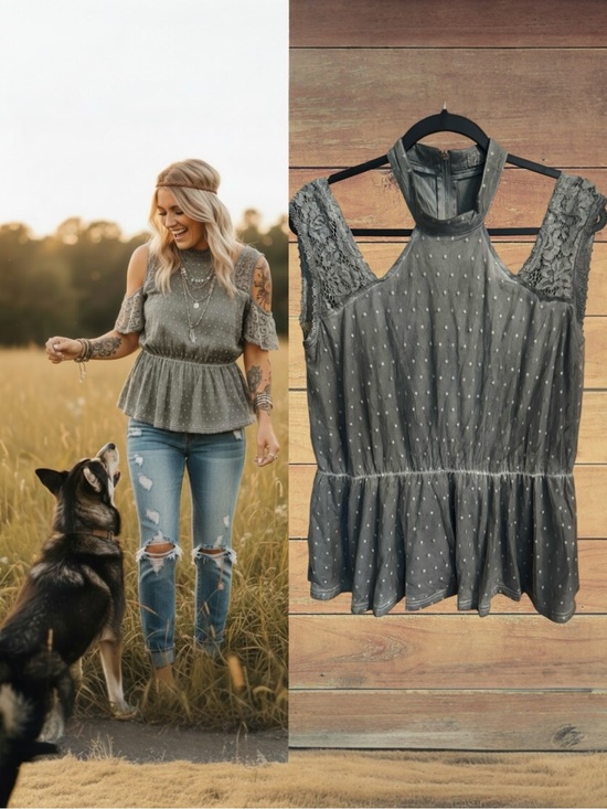 POL Tops - POL Grey Swiss Dot Halter Peplum Top Lace Cold Shoulder Detail Size Large NWT